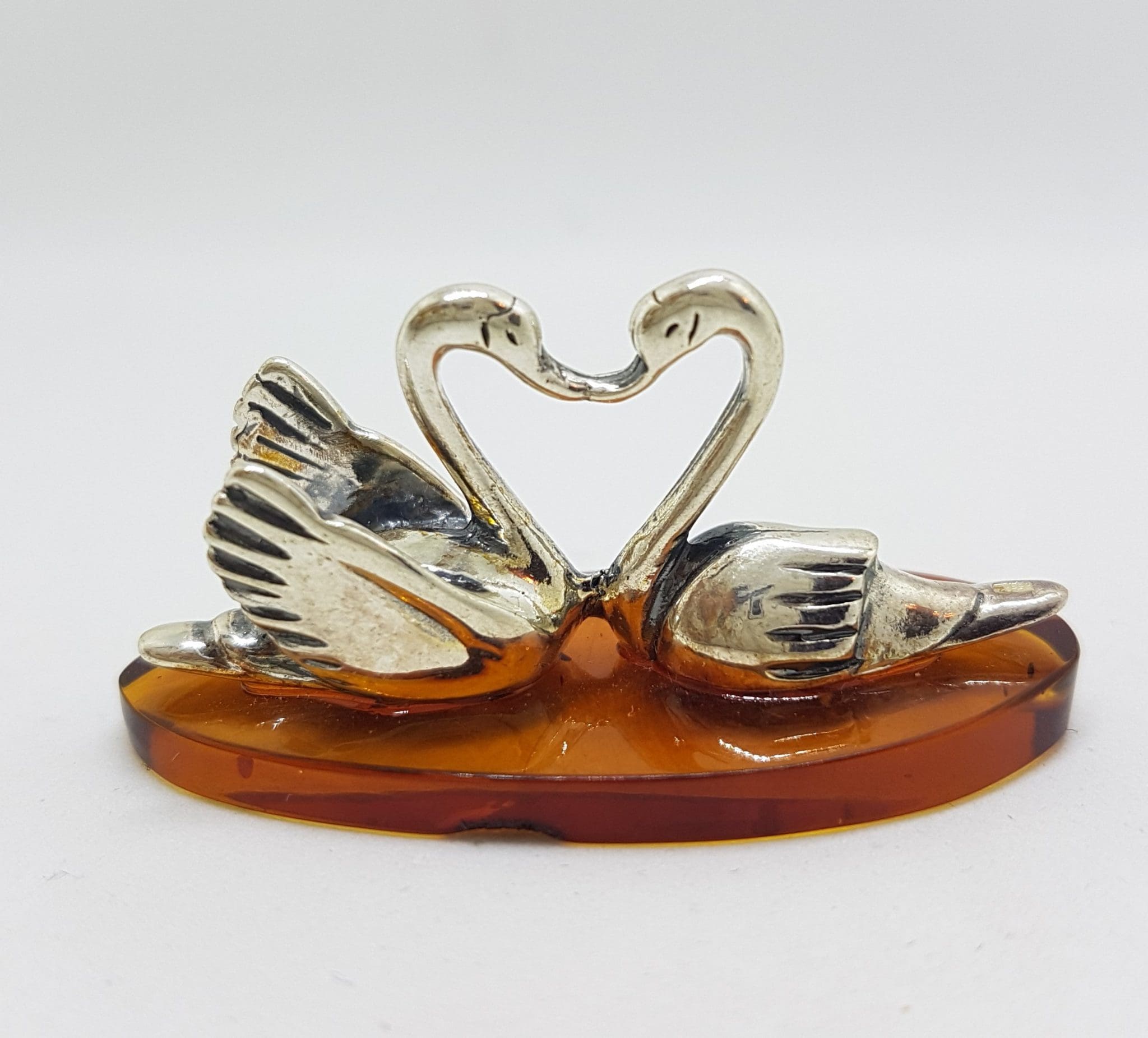 20200711_215047 Two Love Swans - Solid Sterling Silver Natural Baltic Amber Small Figurine / Statue / Sculpture