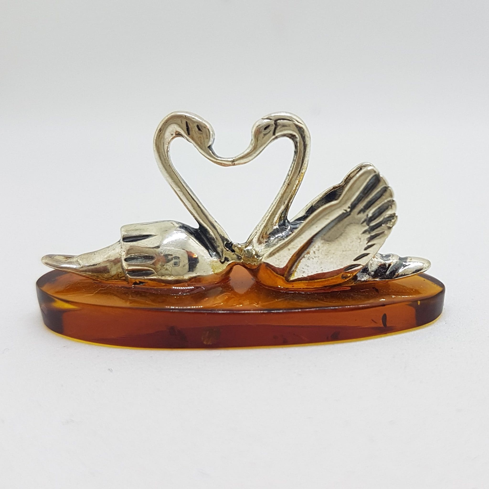 20200711_215102 Two Love Swans - Solid Sterling Silver Natural Baltic Amber Small Figurine / Statue / Sculpture