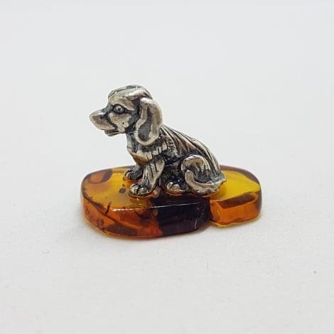Small Sitting Dog - Sterling Silver Natural Baltic Amber Small Figurine / Statue / Sculpture