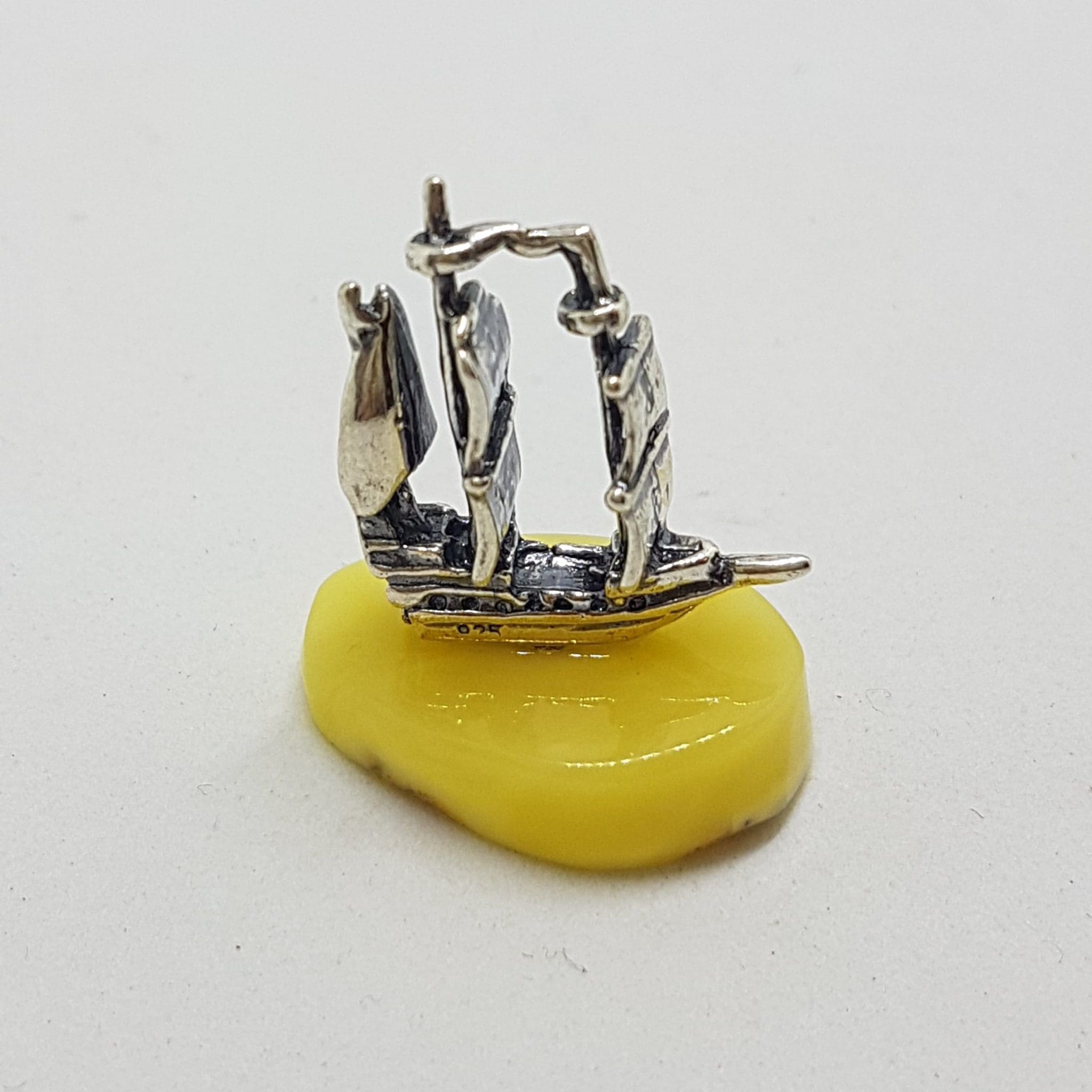 Viking Ship / Boat - Sterling Silver Natural Baltic Butter Amber Small Figurine / Statue / Sculpture