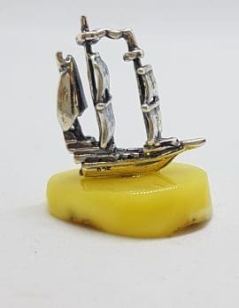 Viking Ship / Boat - Sterling Silver Natural Baltic Butter Amber Small Figurine / Statue / Sculpture
