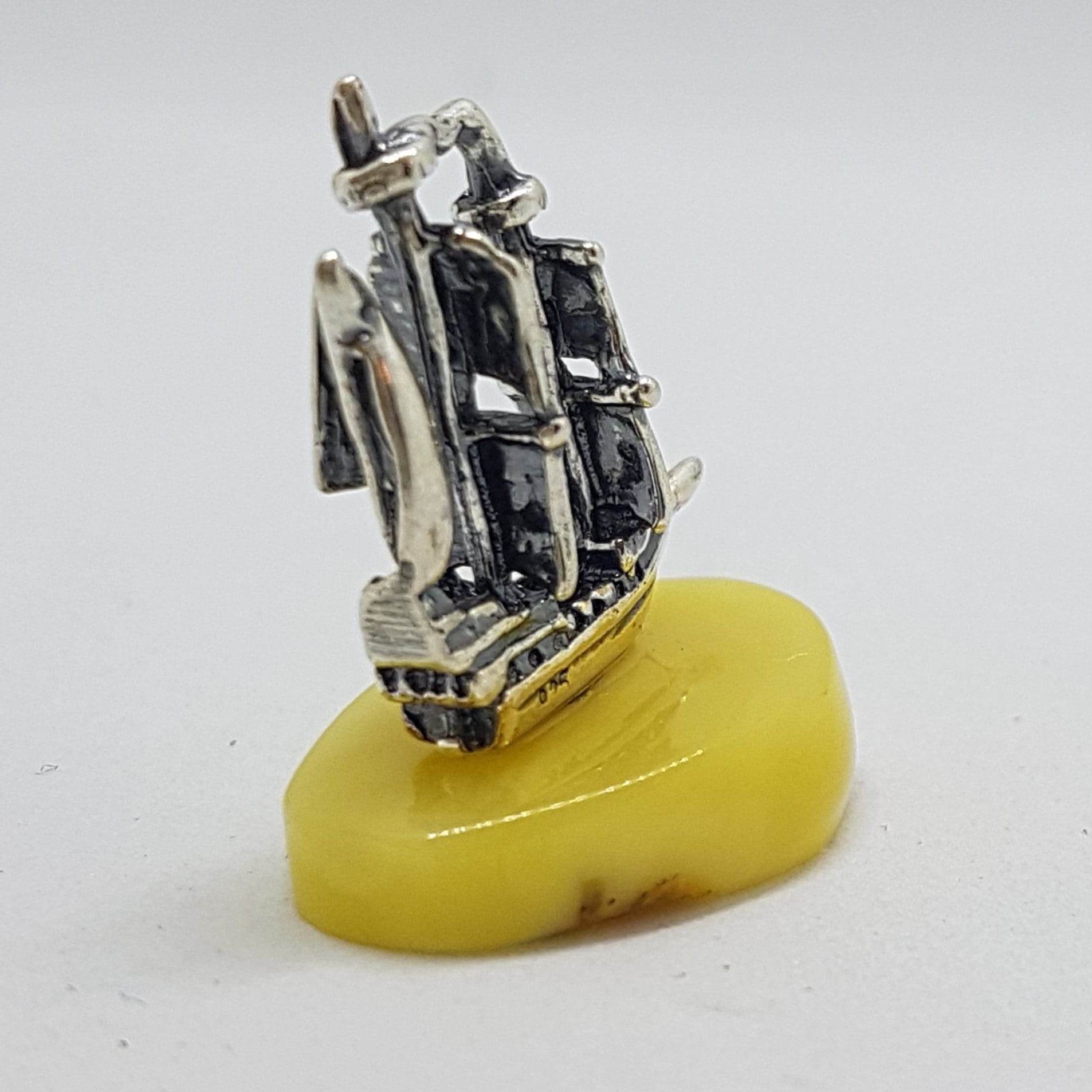 Viking Ship / Boat - Sterling Silver Natural Baltic Butter Amber Small Figurine / Statue / Sculpture