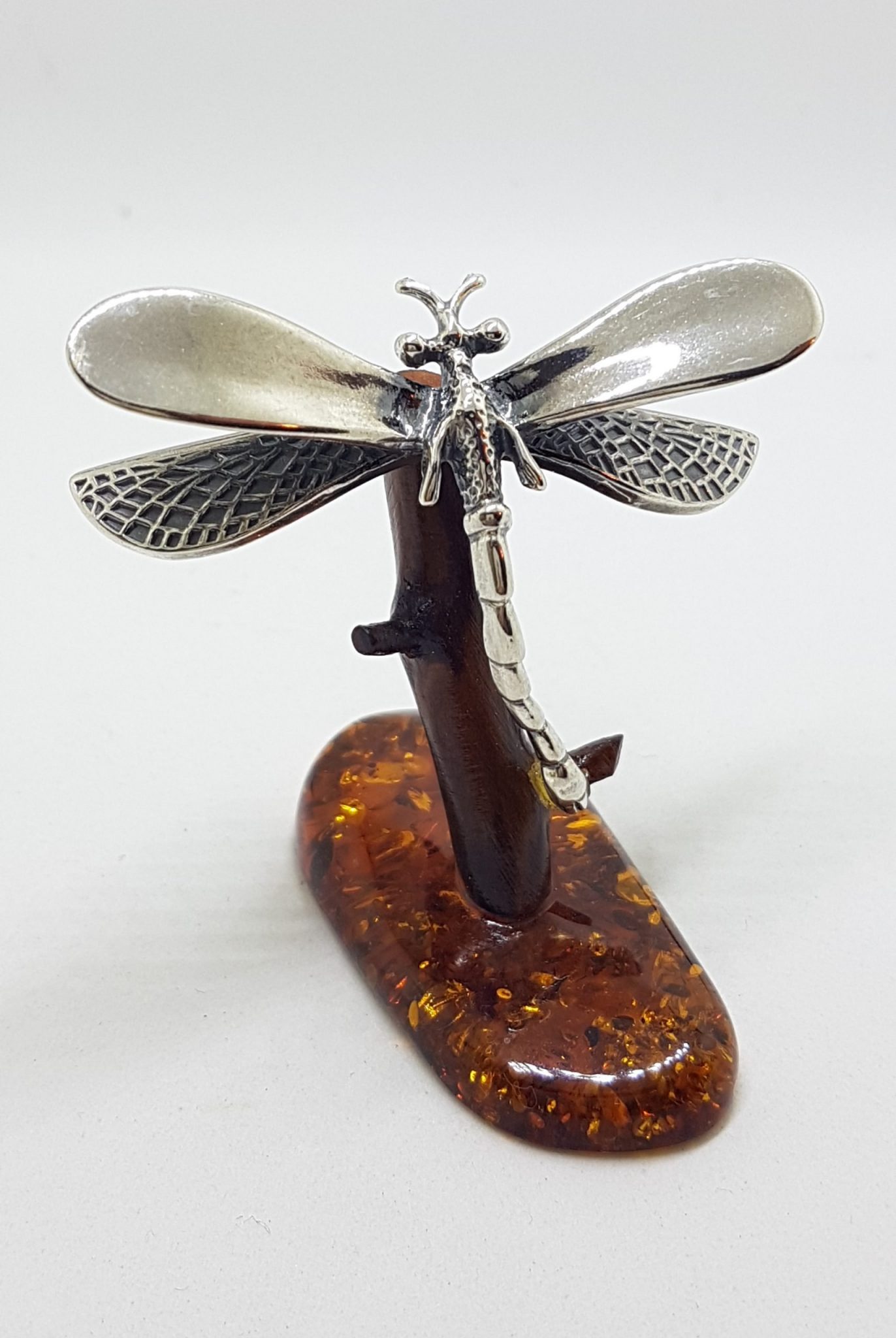 Dragonfly - Solid Sterling Silver Natural Baltic Amber Small Figurine / Statue / Sculpture