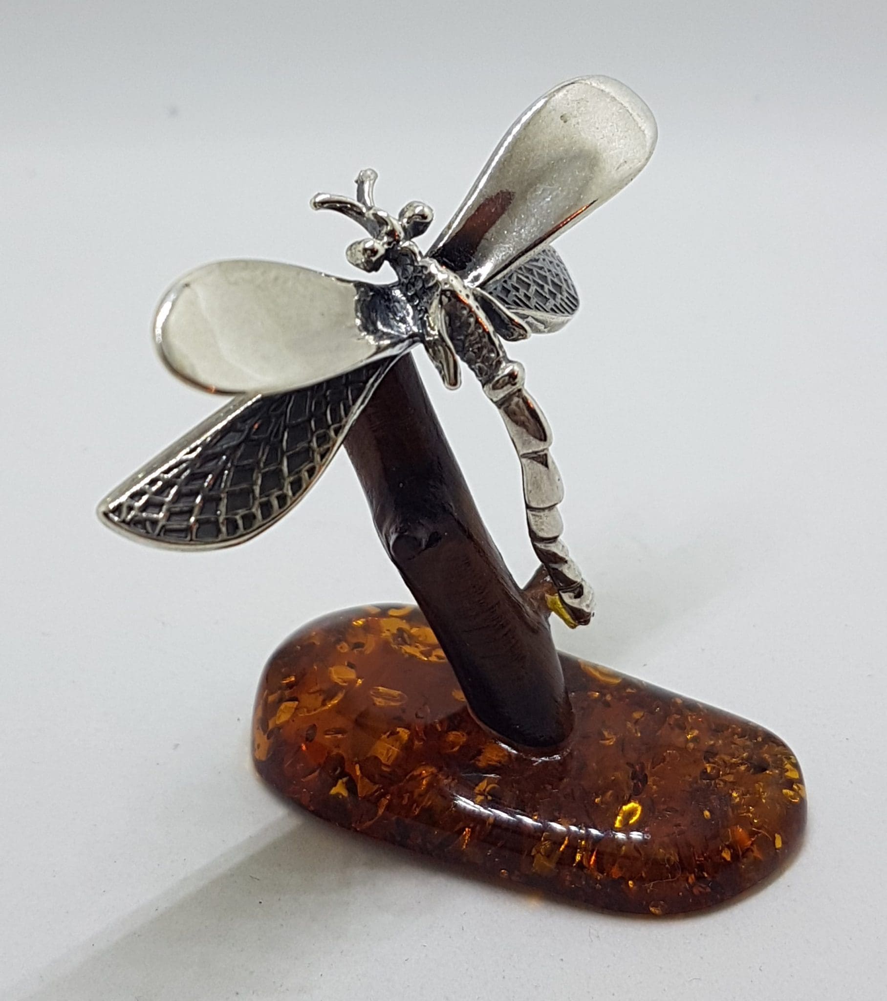 Dragonfly - Solid Sterling Silver Natural Baltic Amber Small Figurine / Statue / Sculpture