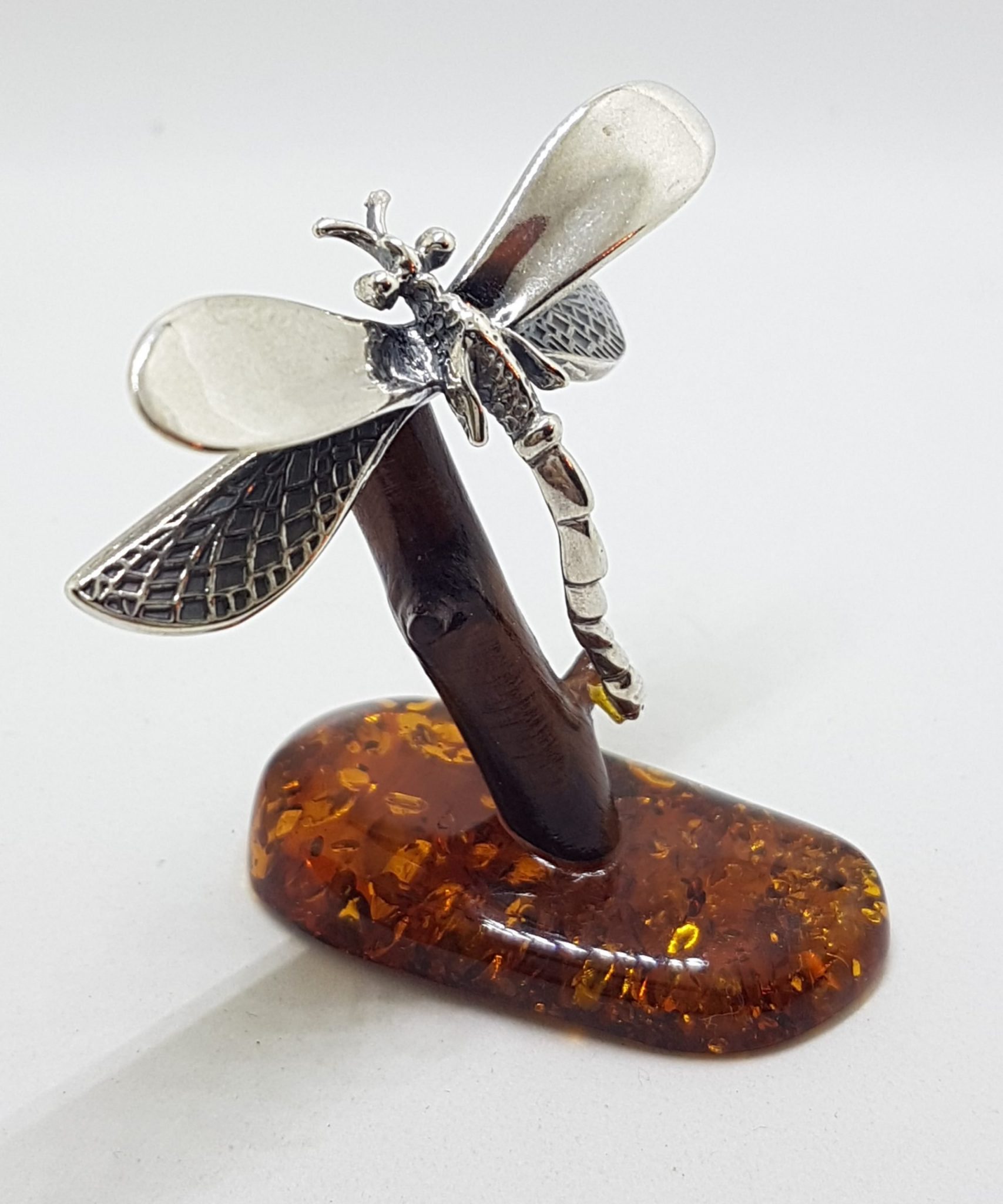 Dragonfly - Solid Sterling Silver Natural Baltic Amber Small Figurine / Statue / Sculpture
