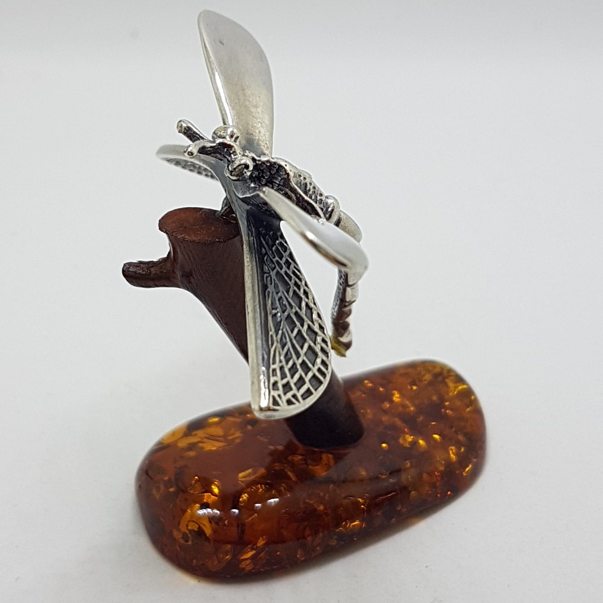 Dragonfly - Solid Sterling Silver Natural Baltic Amber Small Figurine / Statue / Sculpture