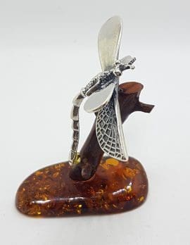 Dragonfly - Solid Sterling Silver Natural Baltic Amber Small Figurine / Statue / Sculpture