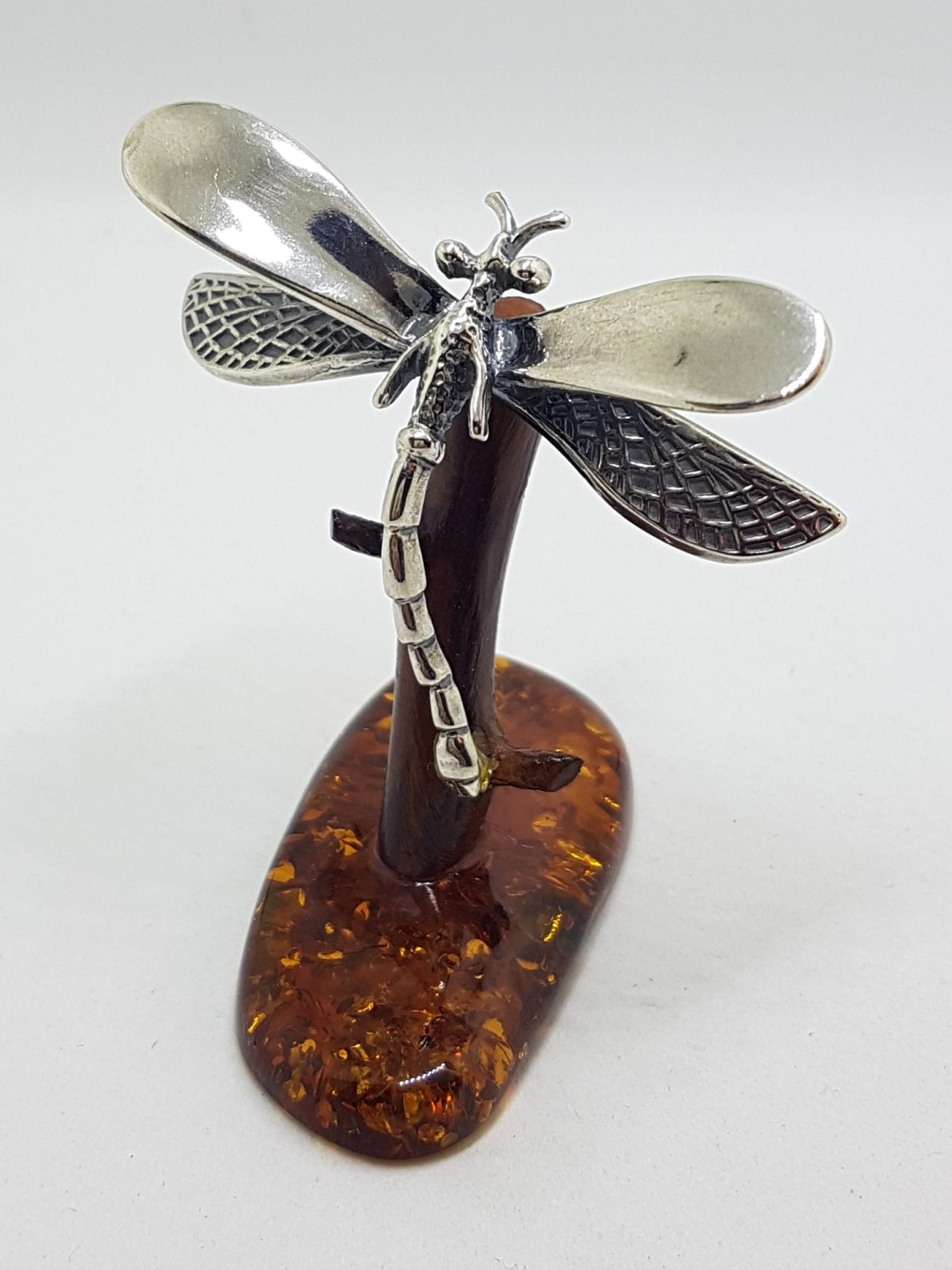 Dragonfly - Solid Sterling Silver Natural Baltic Amber Small Figurine / Statue / Sculpture