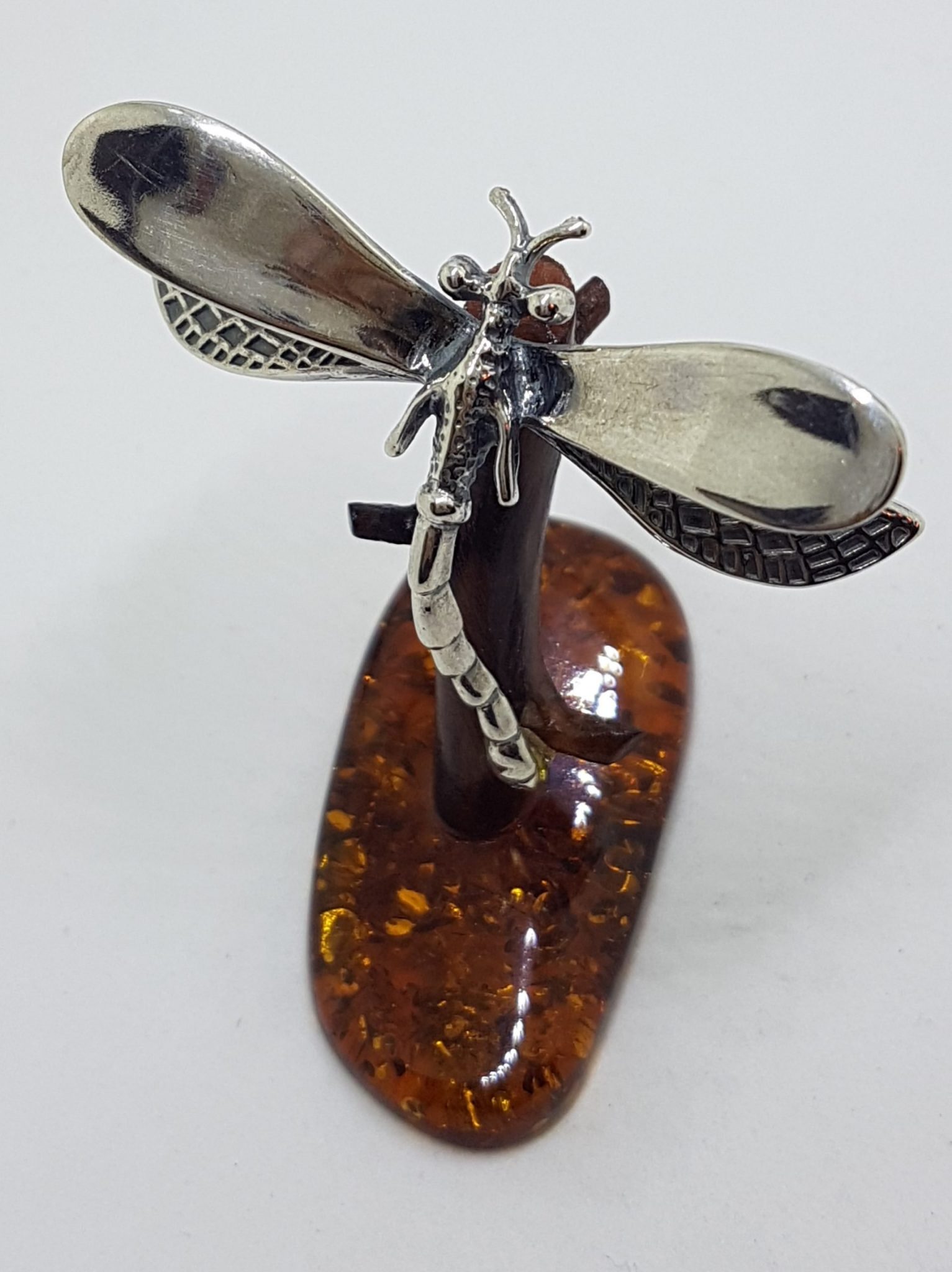 Dragonfly - Solid Sterling Silver Natural Baltic Amber Small Figurine / Statue / Sculpture