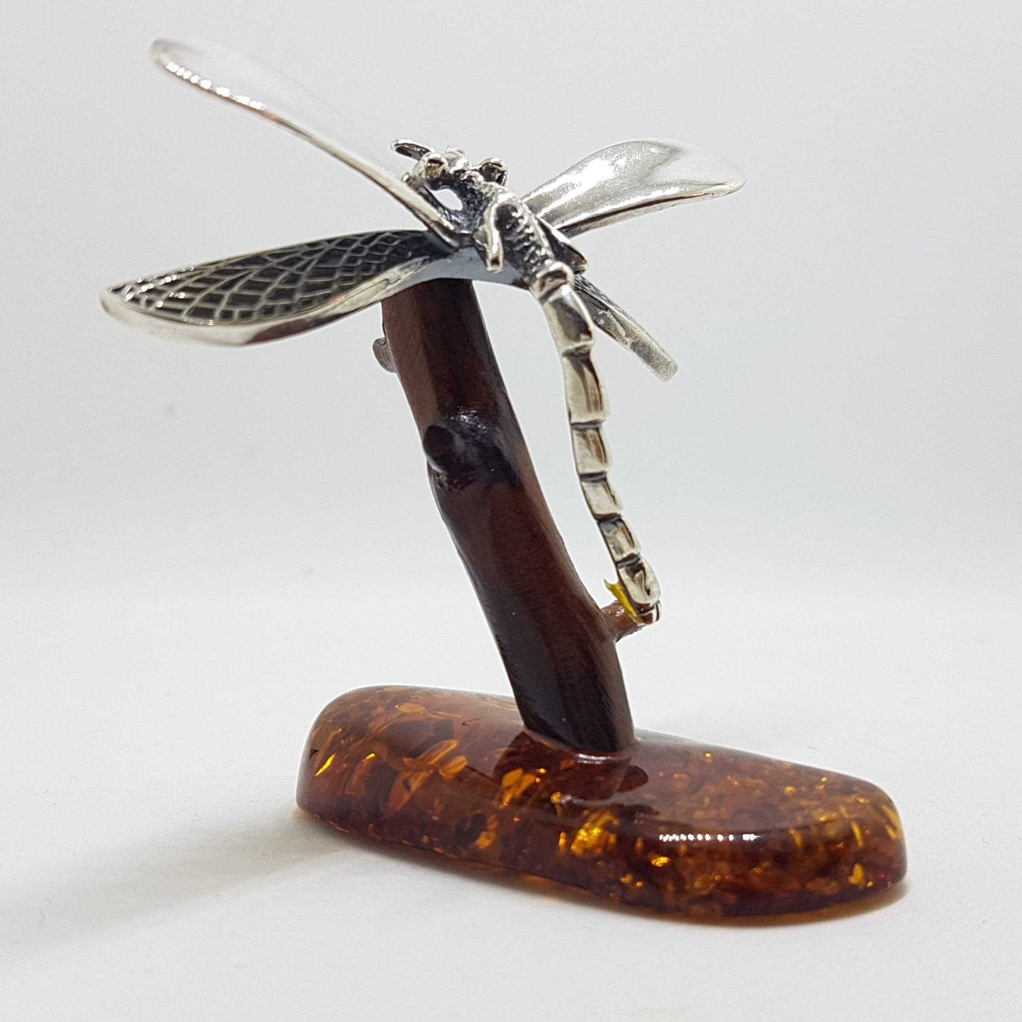 Dragonfly - Solid Sterling Silver Natural Baltic Amber Small Figurine / Statue / Sculpture