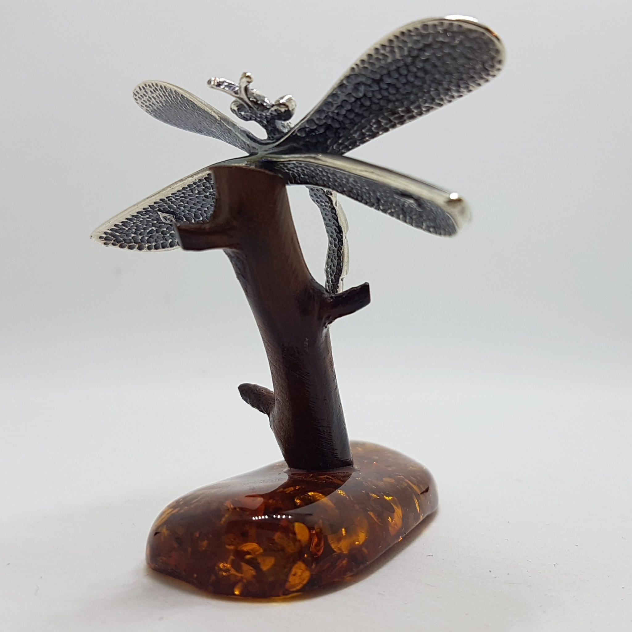 Dragonfly - Solid Sterling Silver Natural Baltic Amber Small Figurine / Statue / Sculpture