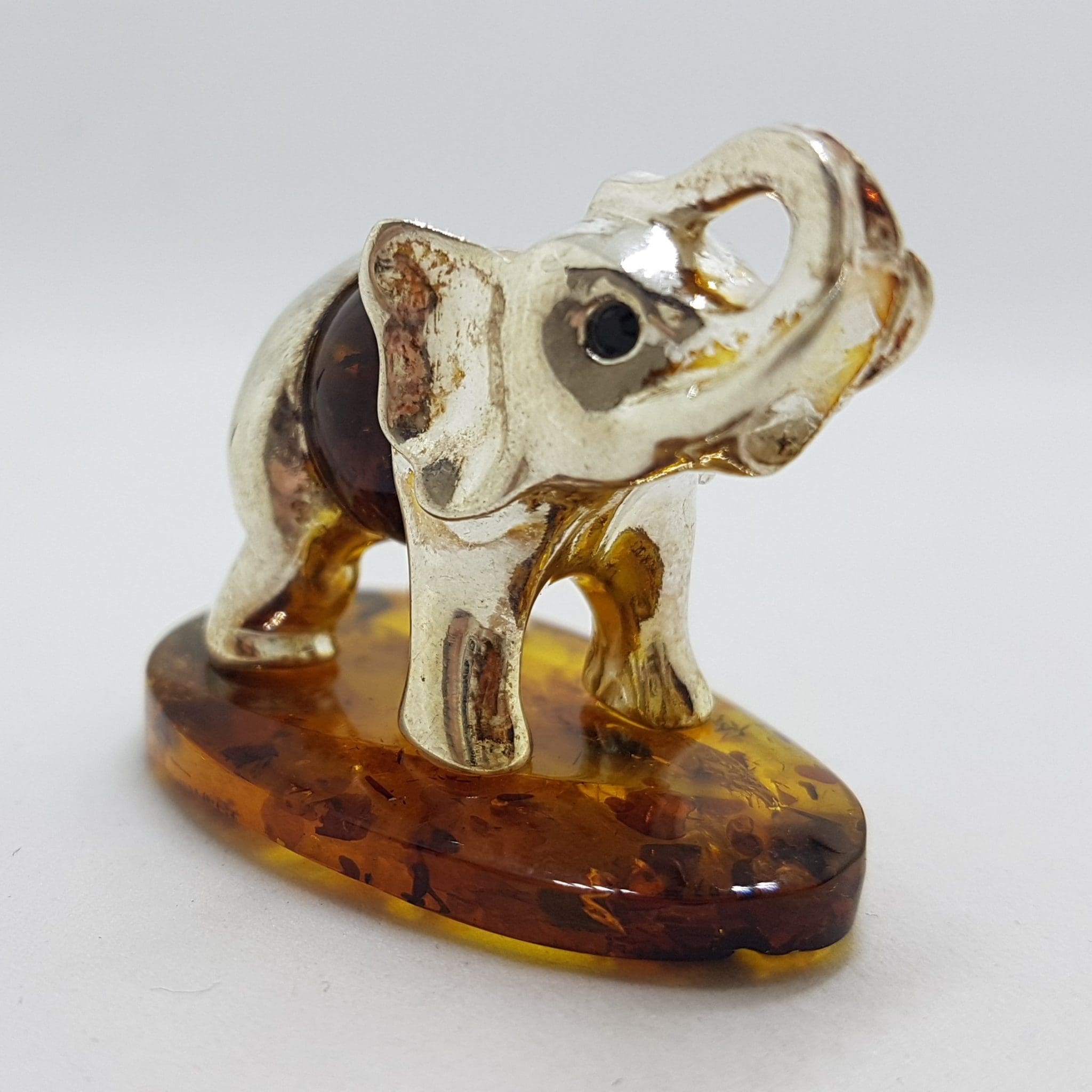 20200712_115032 Elephant with Trunk Up - Sterling Silver Natural Baltic Amber Small Figurine / Statue / Sculpture