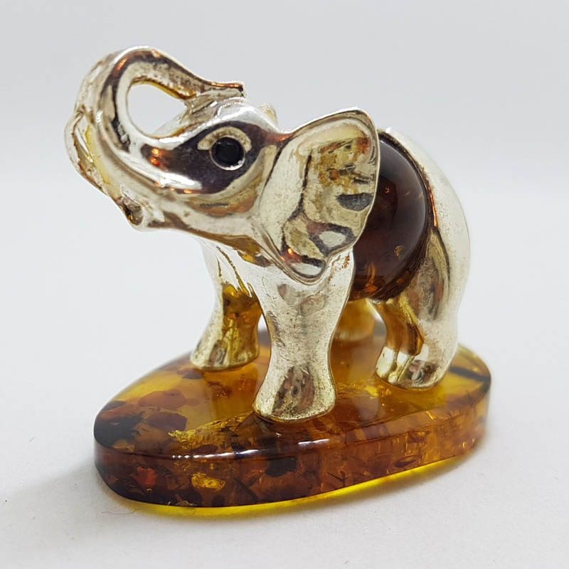 20200712_115045 Elephant with Trunk Up - Sterling Silver Natural Baltic Amber Small Figurine / Statue / Sculpture