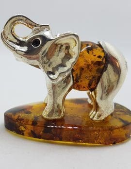 Elephant with Trunk Up - Sterling Silver Natural Baltic Amber Small Figurine / Statue / Sculpture