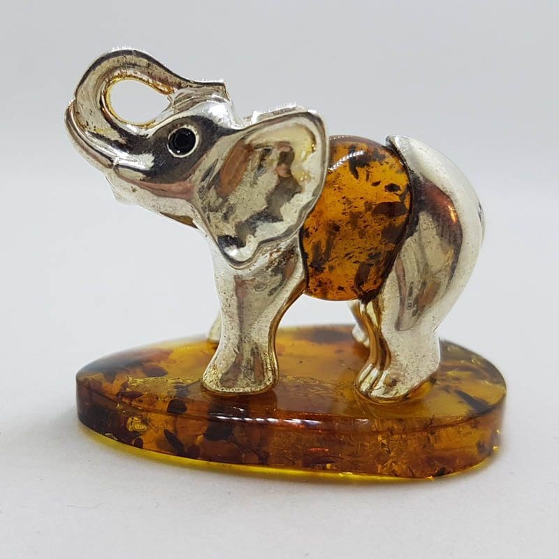 20200712_115059 Elephant with Trunk Up - Sterling Silver Natural Baltic Amber Small Figurine / Statue / Sculpture