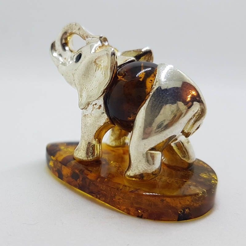 20200712_115114 Elephant with Trunk Up - Sterling Silver Natural Baltic Amber Small Figurine / Statue / Sculpture