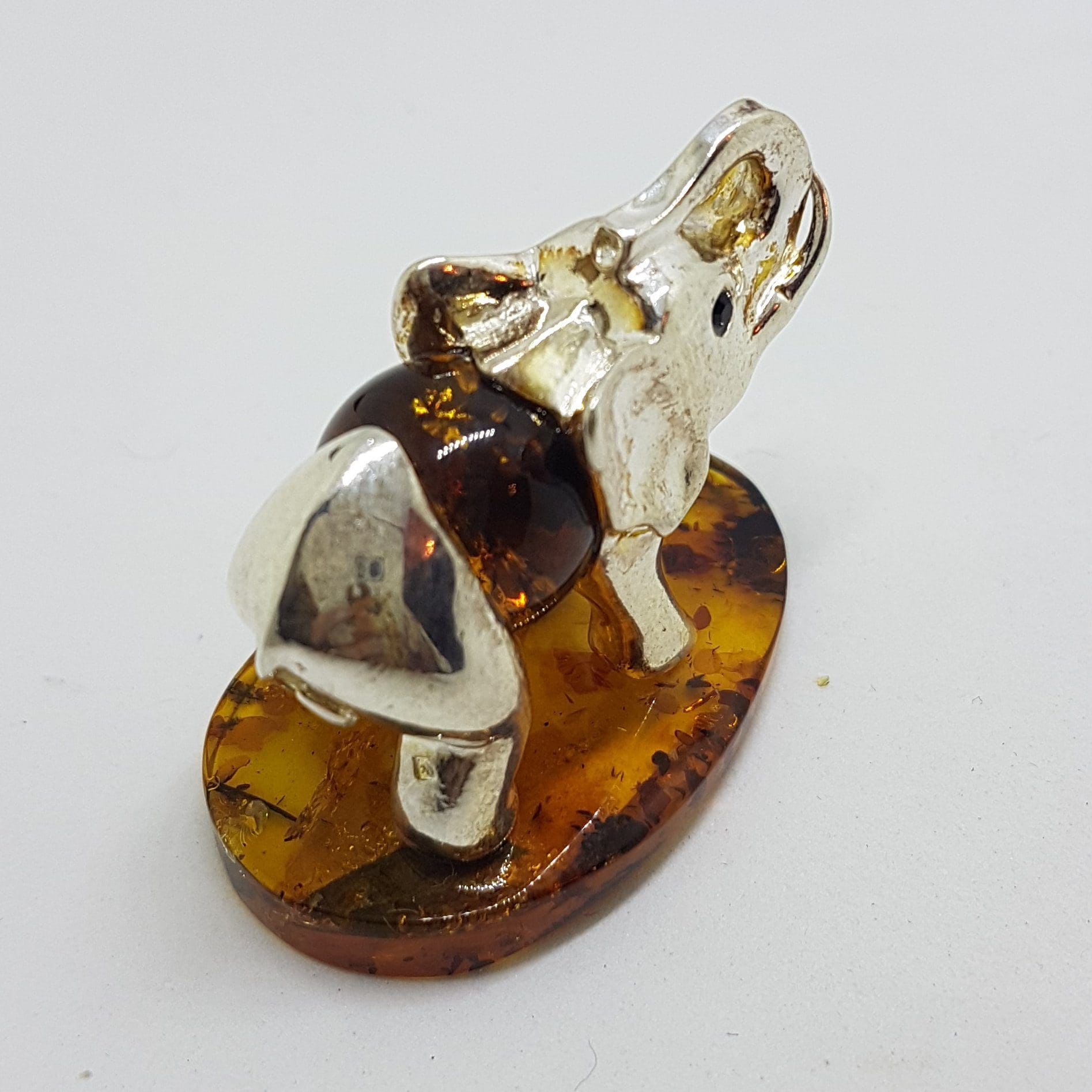 20200712_115259 Elephant with Trunk Up - Sterling Silver Natural Baltic Amber Small Figurine / Statue / Sculpture