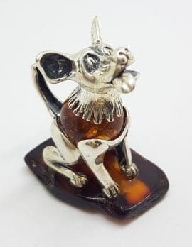Sitting Tongue with Tongue Out - Sterling Silver Natural Baltic Amber Figurine / Statue / Sculpture