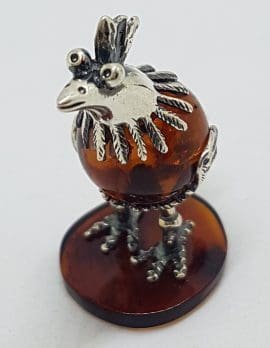 Cute Bird / Rooster / Hen - Sterling Silver Natural Baltic Amber Small Figurine / Statue / Sculpture