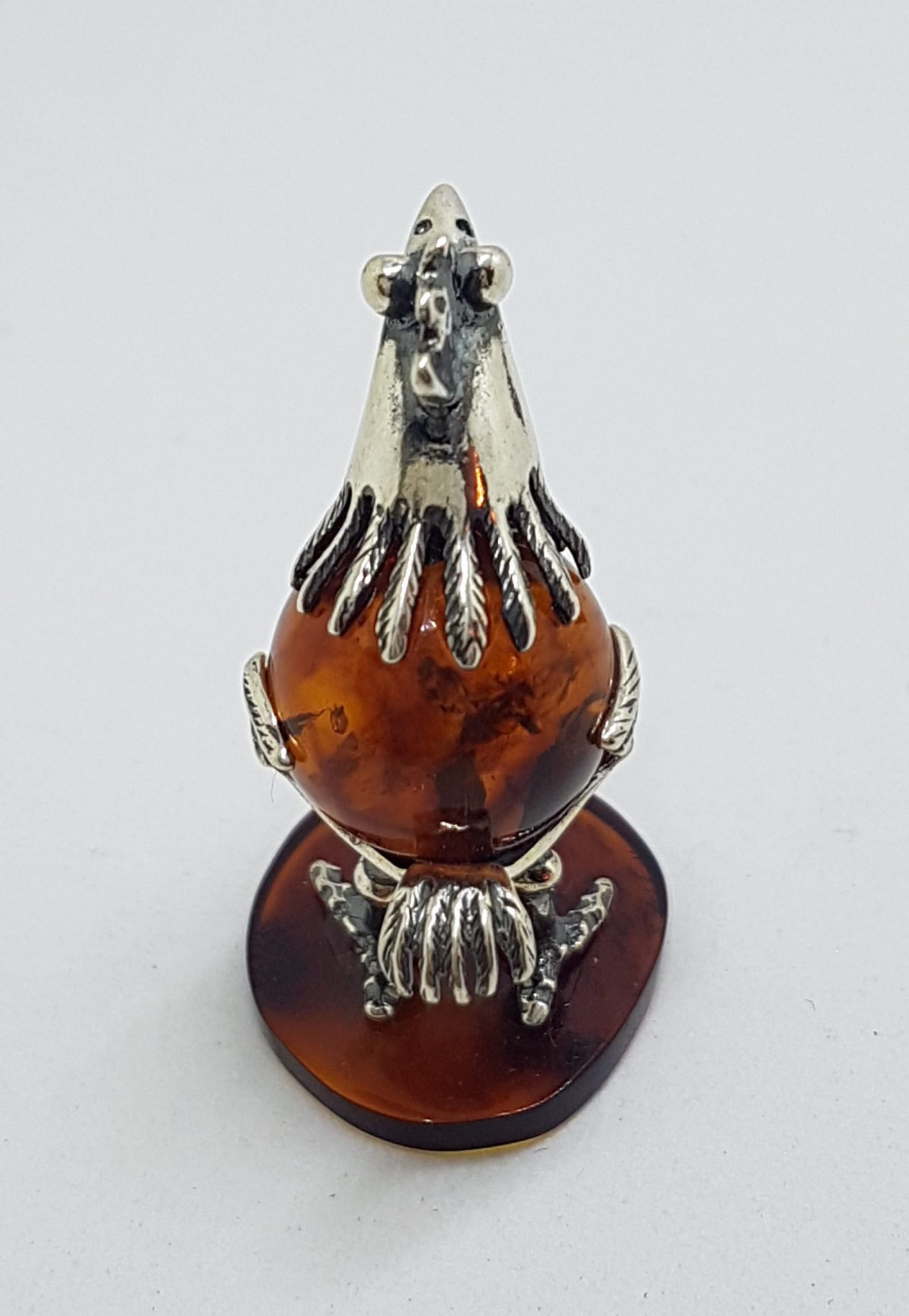 Cute Bird / Rooster / Hen - Sterling Silver Natural Baltic Amber Small Figurine / Statue / Sculpture