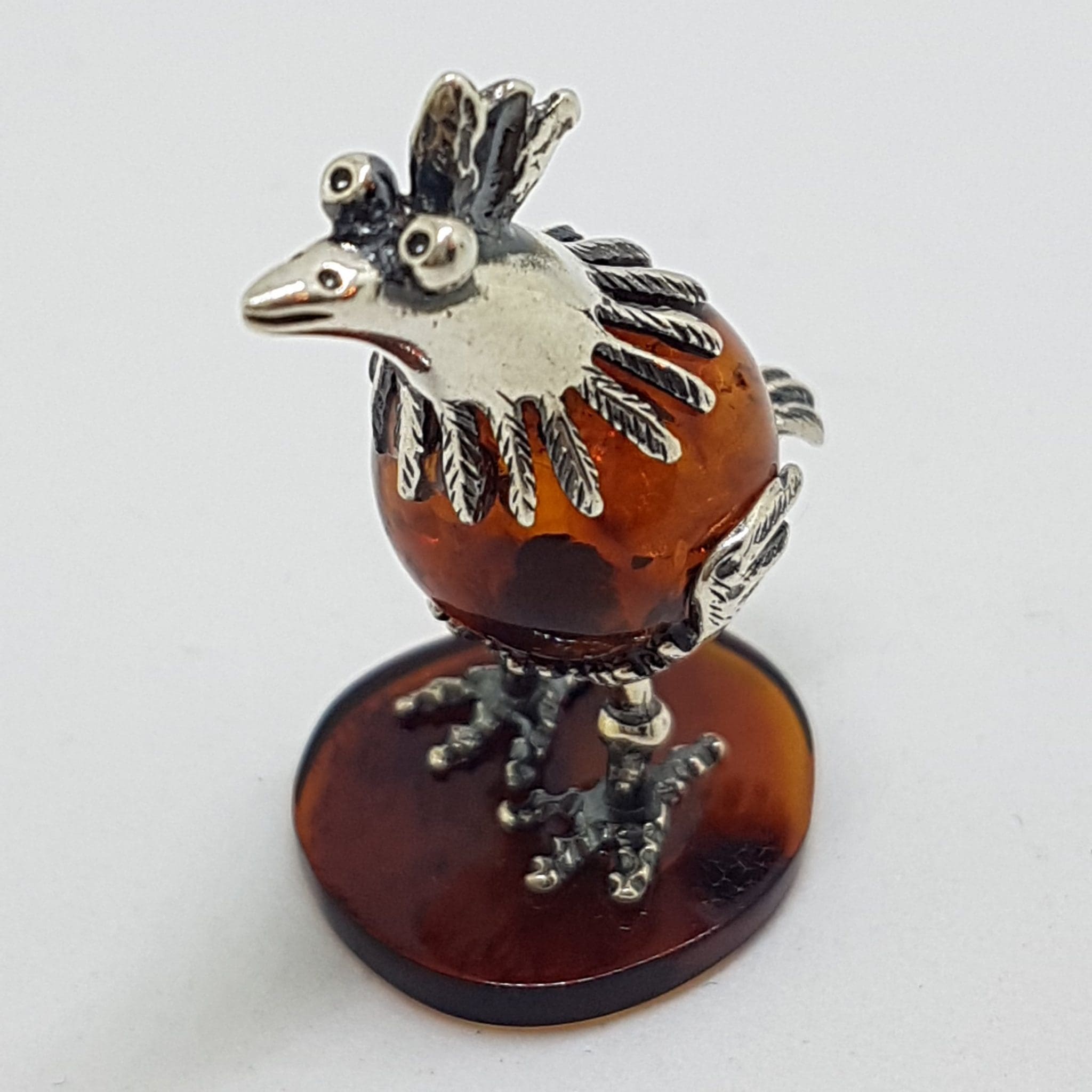 Cute Bird / Rooster / Hen - Sterling Silver Natural Baltic Amber Small Figurine / Statue / Sculpture