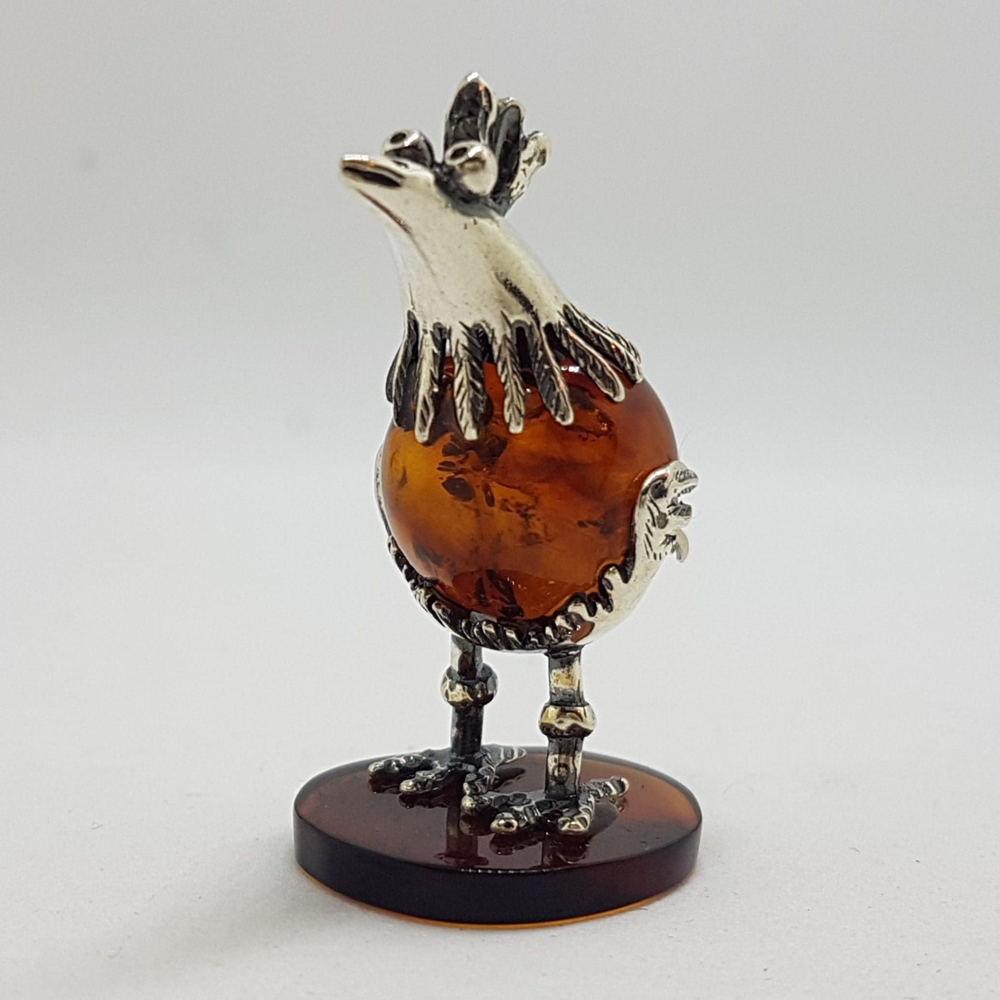 Cute Bird / Rooster / Hen - Sterling Silver Natural Baltic Amber Small Figurine / Statue / Sculpture