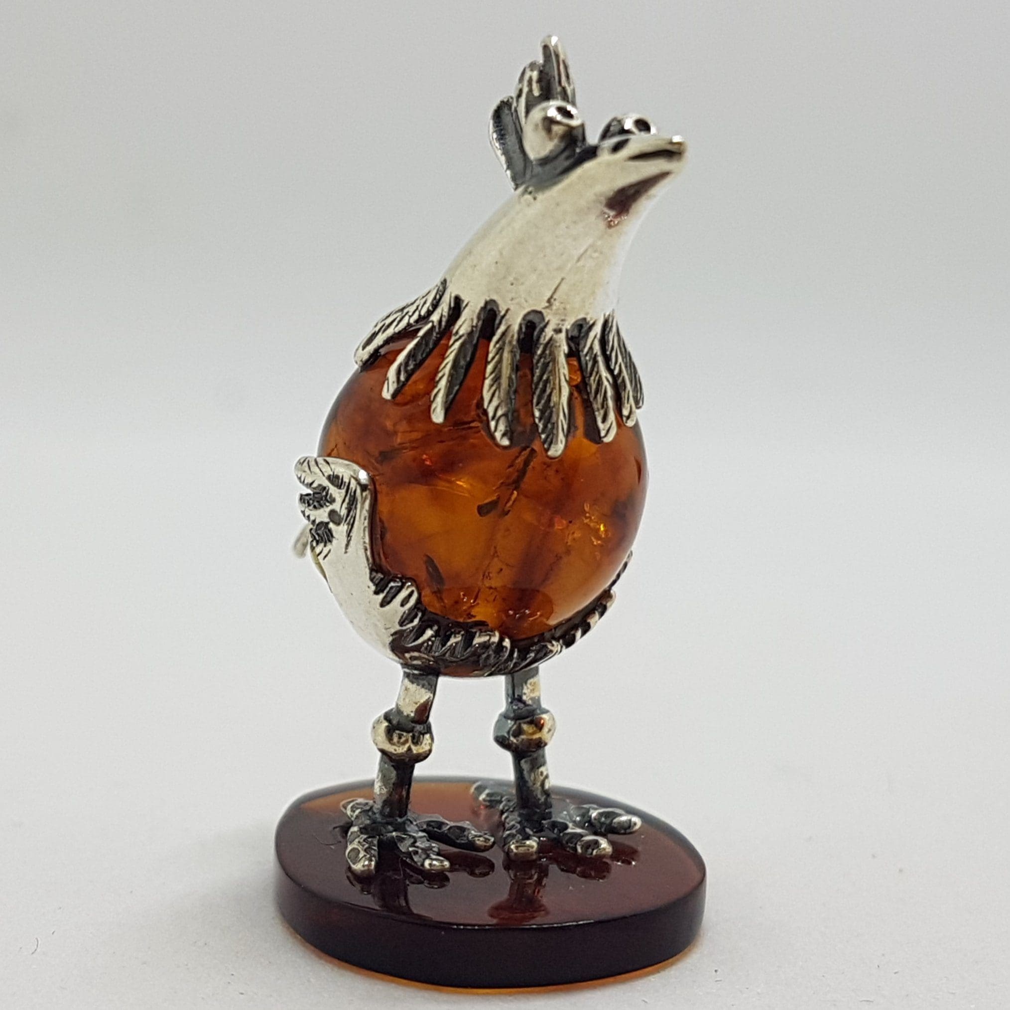 Cute Bird / Rooster / Hen - Sterling Silver Natural Baltic Amber Small Figurine / Statue / Sculpture