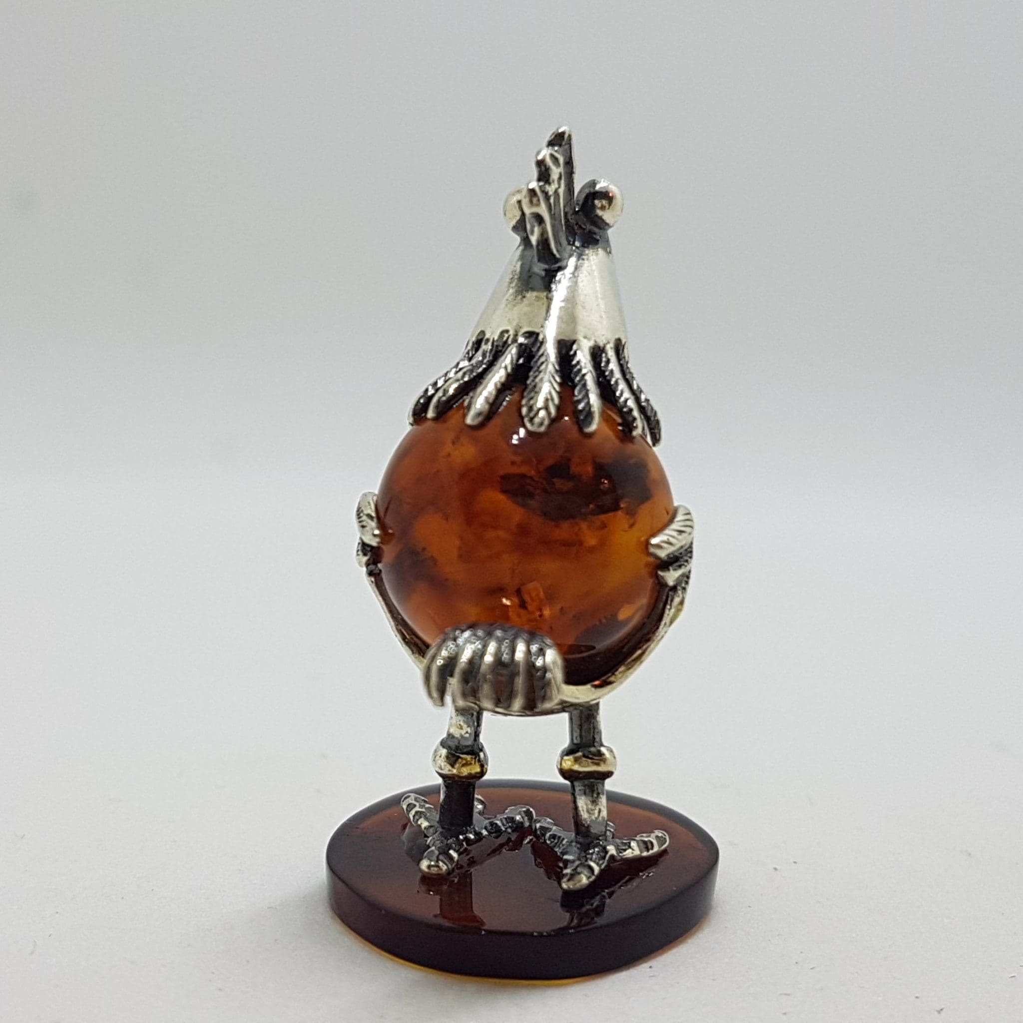 Cute Bird / Rooster / Hen - Sterling Silver Natural Baltic Amber Small Figurine / Statue / Sculpture