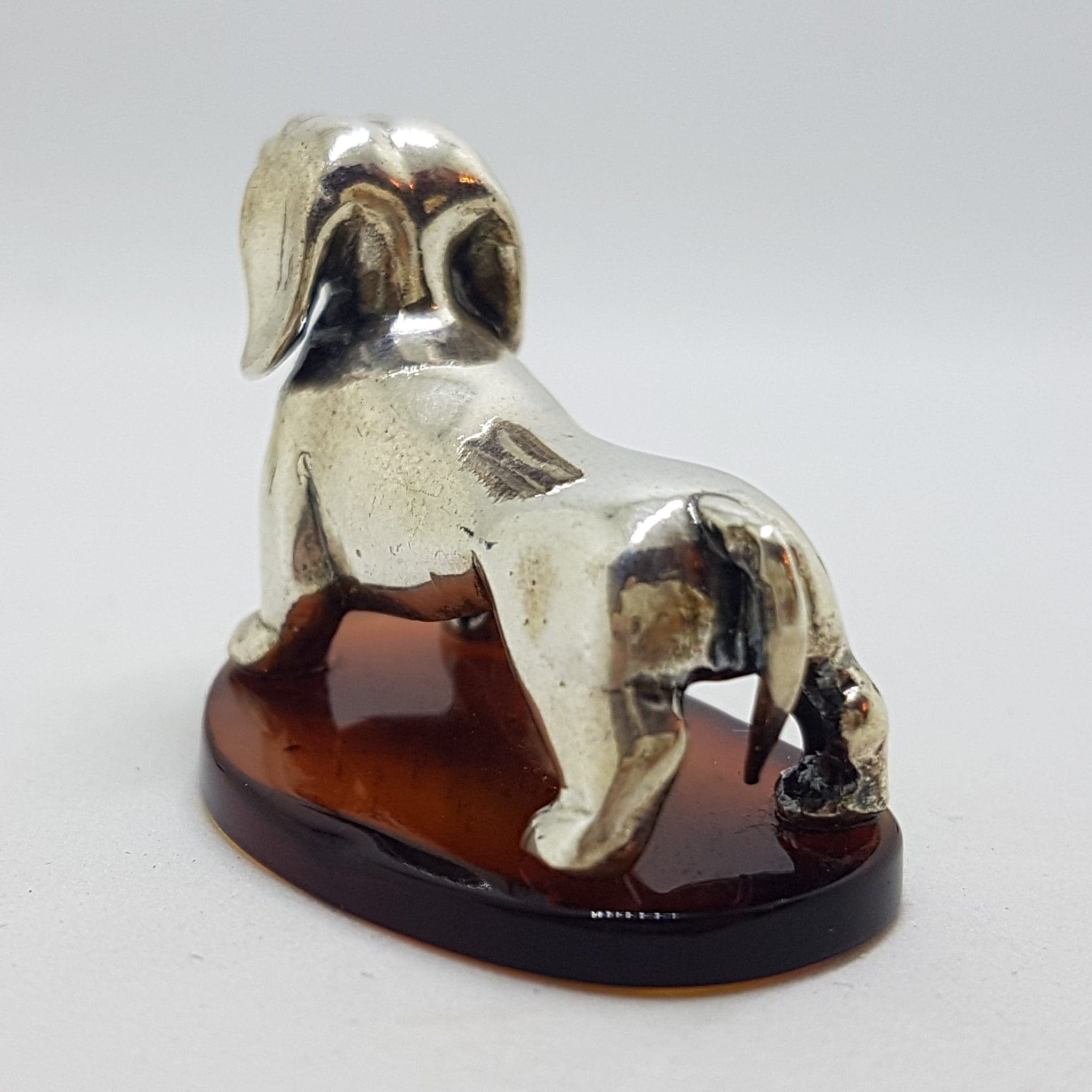 Dachshund / Sausage Dog - Solid Sterling Silver Natural Baltic Amber Small Figurine / Statue / Sculpture