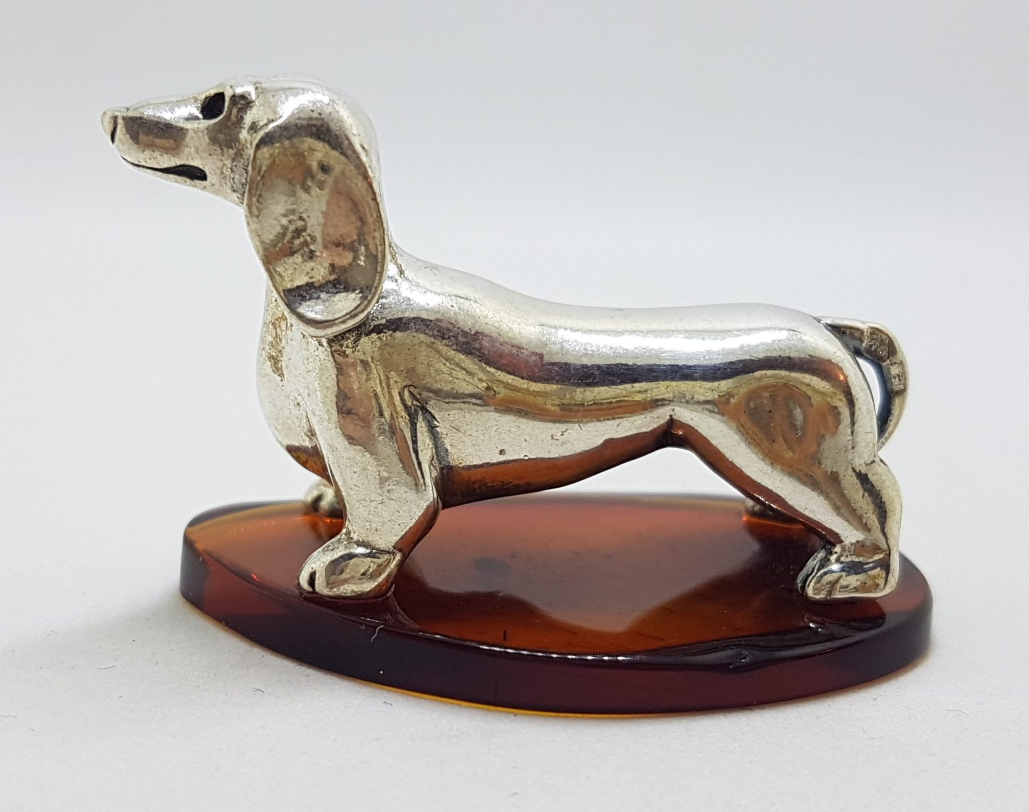 Dachshund / Sausage Dog - Solid Sterling Silver Natural Baltic Amber Small Figurine / Statue / Sculpture