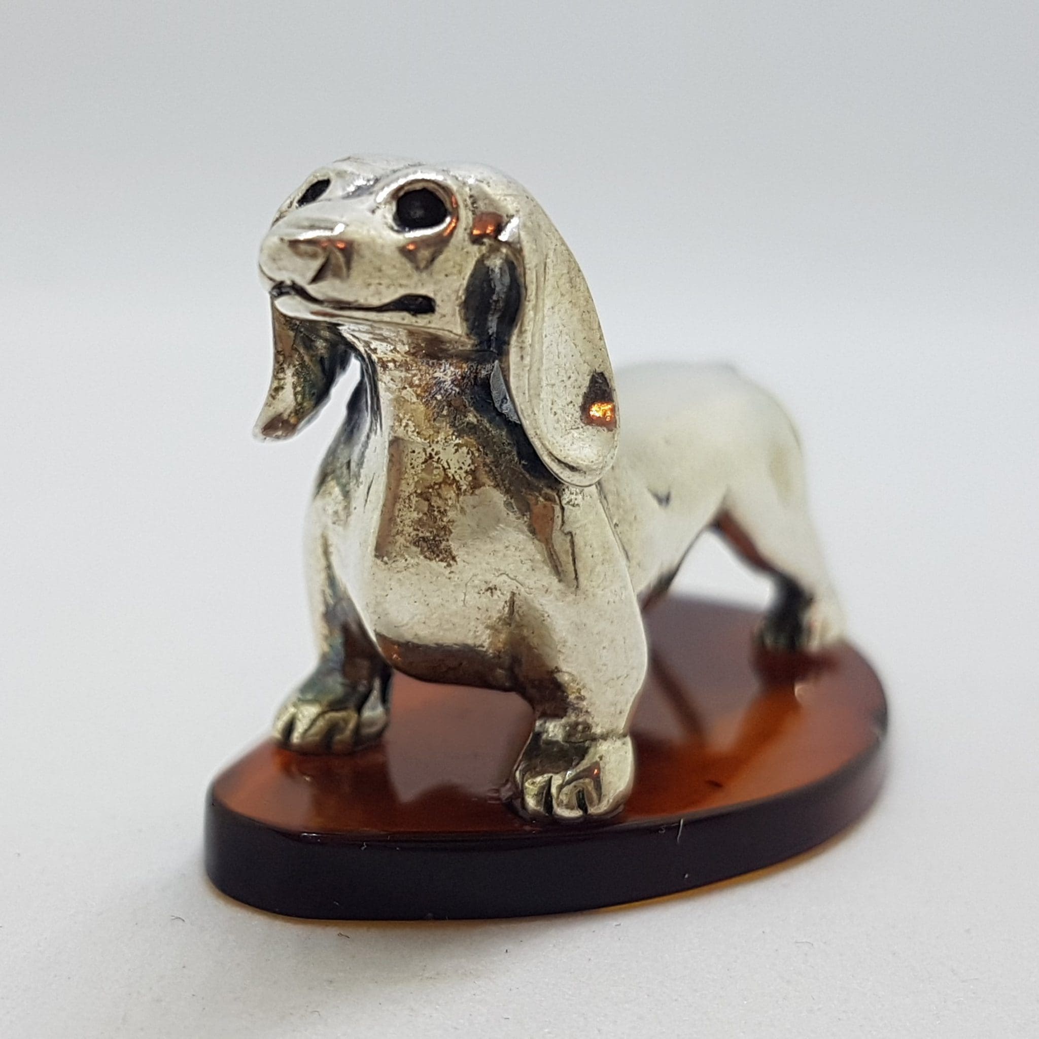 Dachshund / Sausage Dog - Solid Sterling Silver Natural Baltic Amber Small Figurine / Statue / Sculpture