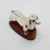 Dachshund / Sausage Dog - Solid Sterling Silver Natural Baltic Amber Small Figurine / Statue / Sculpture