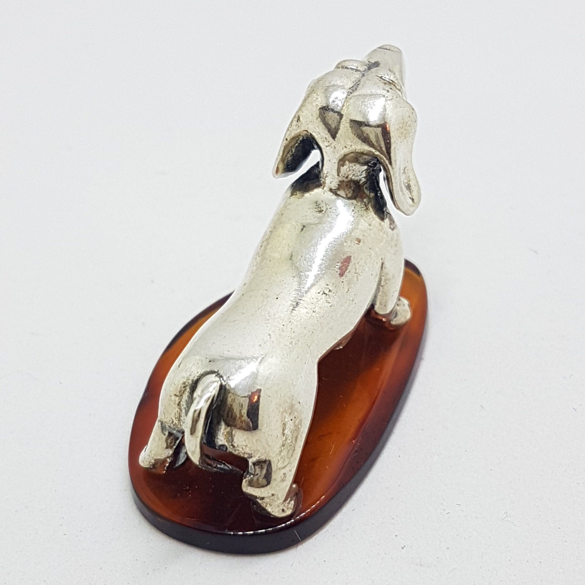 Dachshund / Sausage Dog - Solid Sterling Silver Natural Baltic Amber Small Figurine / Statue / Sculpture