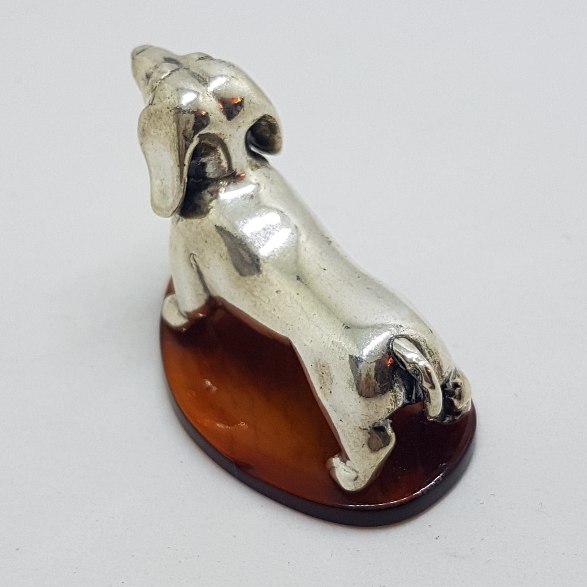 Dachshund / Sausage Dog - Solid Sterling Silver Natural Baltic Amber Small Figurine / Statue / Sculpture