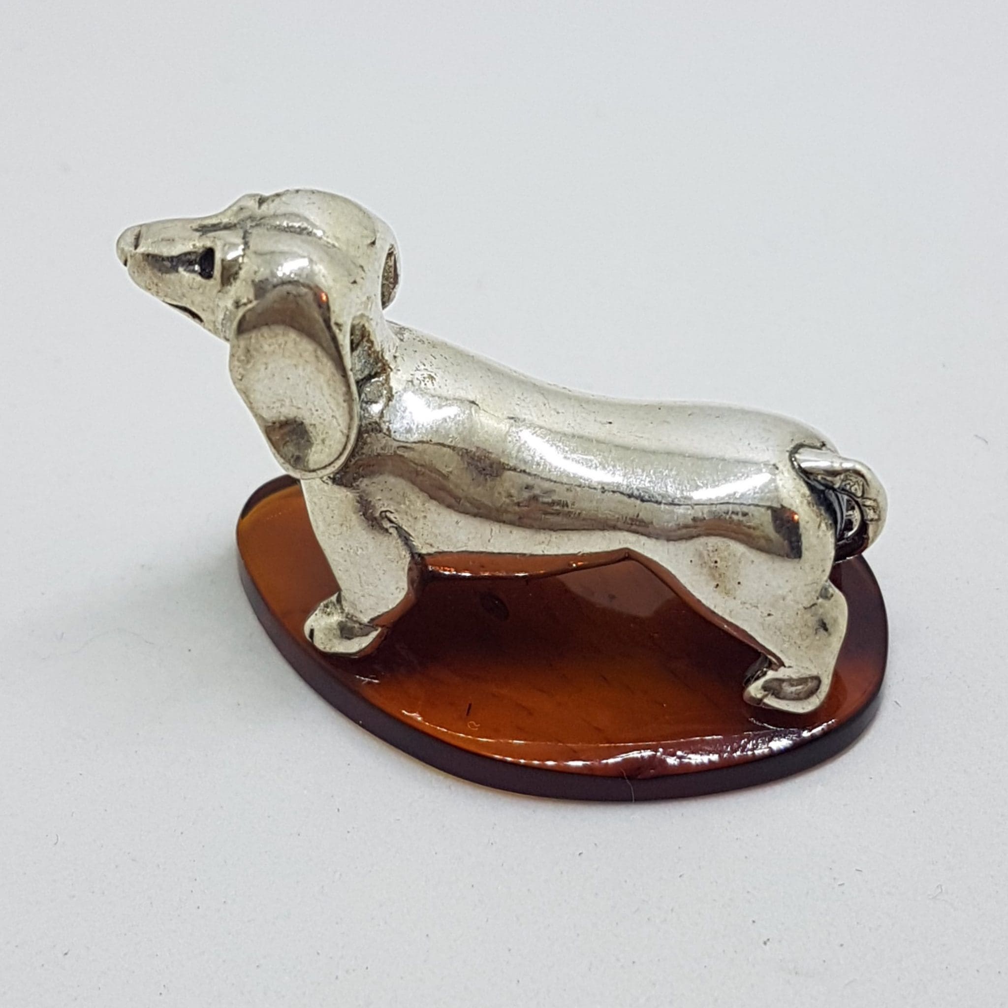Dachshund / Sausage Dog - Solid Sterling Silver Natural Baltic Amber Small Figurine / Statue / Sculpture