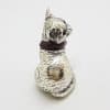 Sitting Cat with Collar and Ball - Sterling Silver Natural Baltic Amber Small Figurine / Statue
