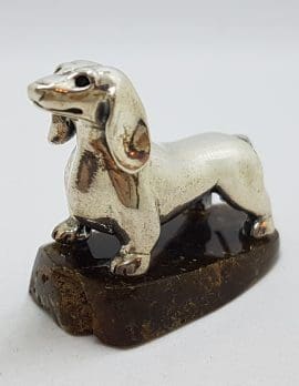 Dachshund / Sausage Dog - Solid Sterling Silver Natural Baltic Amber Small Figurine / Statue / Sculpture .