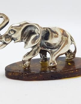 Elephant with Trunk Up - Solid Sterling Silver Natural Baltic Amber Small Figurine / Statue / Sculpture .