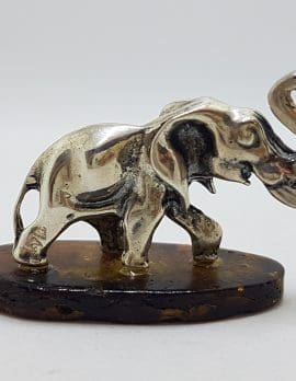 Elephant with Trunk Up - Solid Sterling Silver Natural Baltic Amber Small Figurine / Statue / Sculpture .