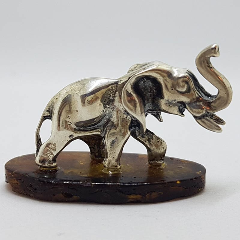 Elephant with Trunk Up - Solid Sterling Silver Natural Baltic Amber Small Figurine / Statue / Sculpture .