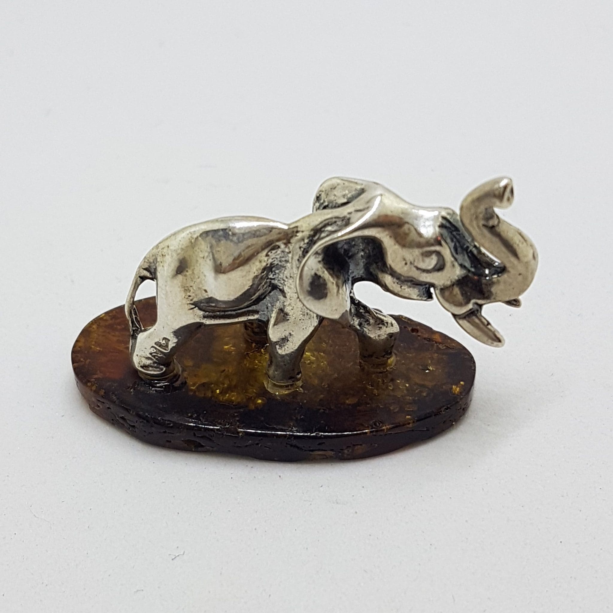 Elephant with Trunk Up - Solid Sterling Silver Natural Baltic Amber Small Figurine / Statue / Sculpture .