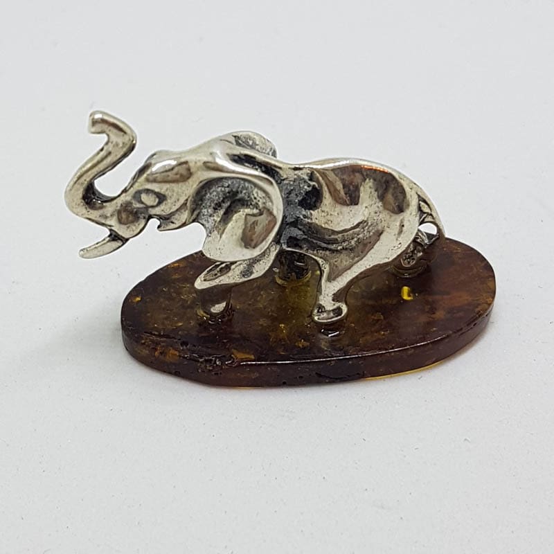 Elephant with Trunk Up - Solid Sterling Silver Natural Baltic Amber Small Figurine / Statue / Sculpture .