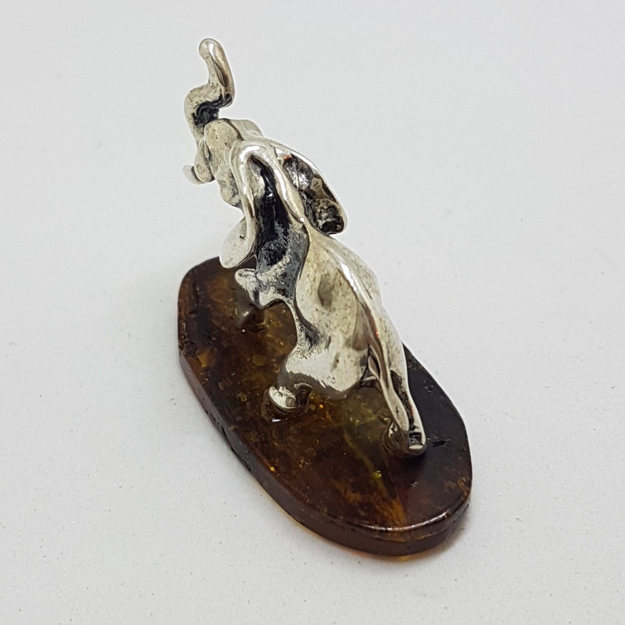 Elephant with Trunk Up - Solid Sterling Silver Natural Baltic Amber Small Figurine / Statue / Sculpture .