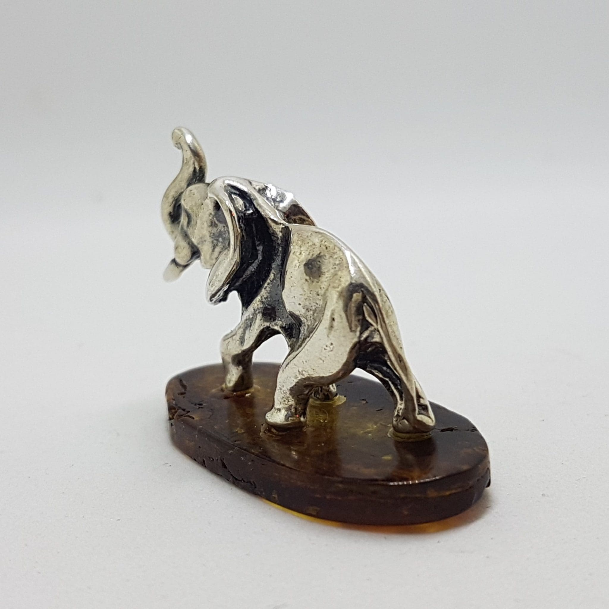 Elephant with Trunk Up - Solid Sterling Silver Natural Baltic Amber Small Figurine / Statue / Sculpture .
