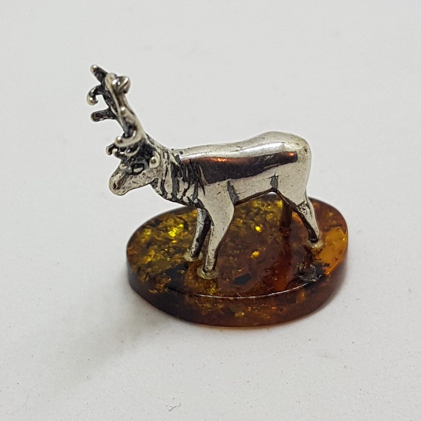 Small Stag / Reindeer / Deer / Moose - Solid Sterling Silver Natural Baltic Amber Small Figurine / Statue / Sculpture