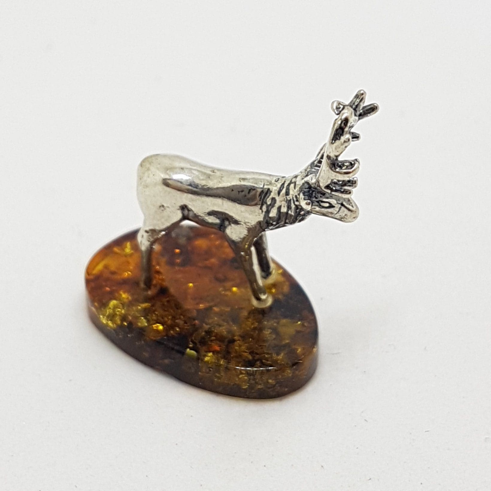 Small Stag / Reindeer / Deer / Moose - Solid Sterling Silver Natural Baltic Amber Small Figurine / Statue / Sculpture