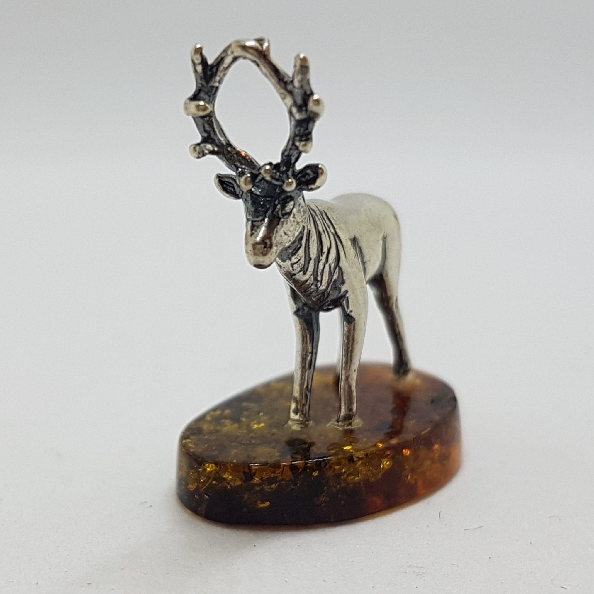 Small Stag / Reindeer / Deer / Moose - Solid Sterling Silver Natural Baltic Amber Small Figurine / Statue / Sculpture