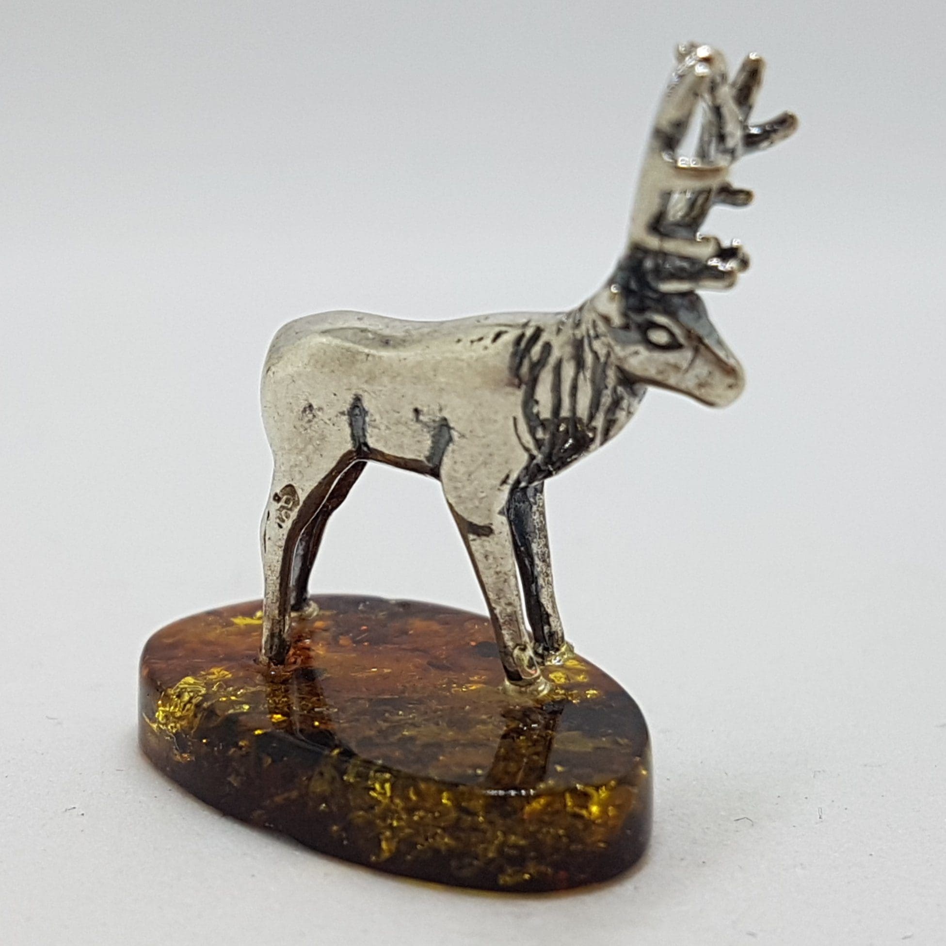 Small Stag / Reindeer / Deer / Moose - Solid Sterling Silver Natural Baltic Amber Small Figurine / Statue / Sculpture