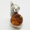 Sitting Cat - Solid Sterling Silver Natural Baltic Amber Small Figurine / Statue