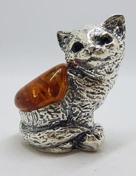 Sitting Cat - Solid Sterling Silver Natural Baltic Amber Small Figurine / Statue
